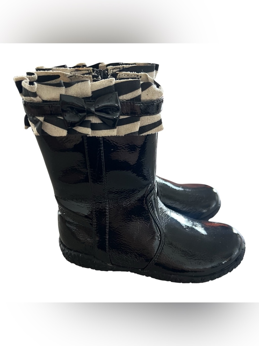Nina Kids Black Patent Boots with Zebra Trim and Bow
